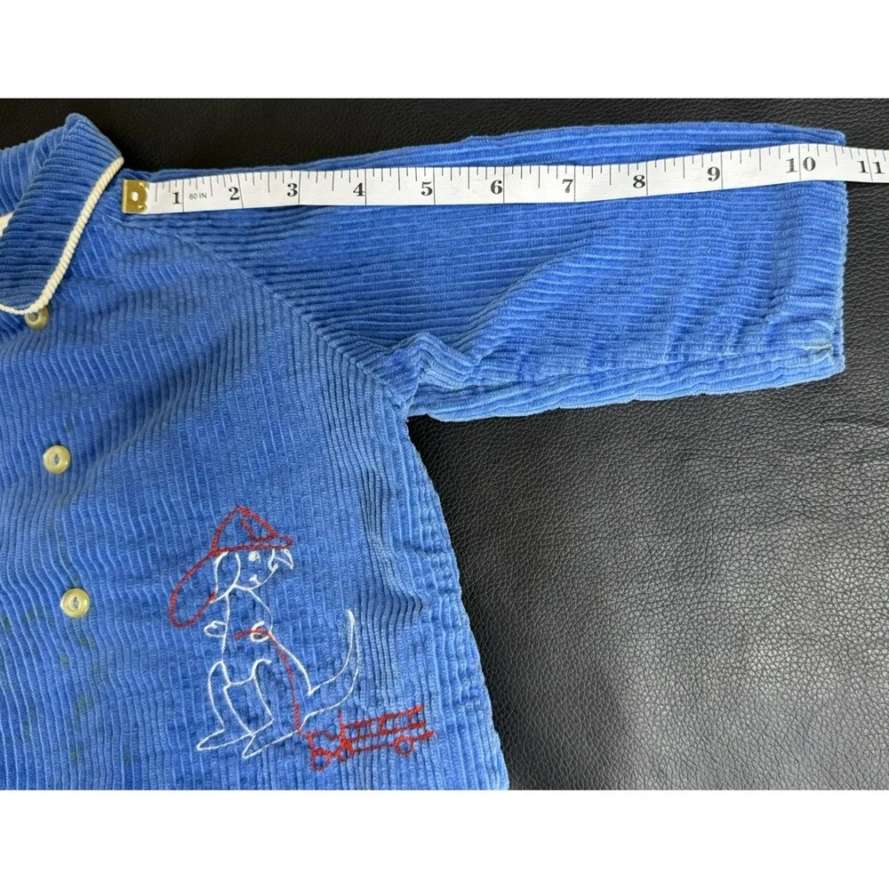 Vintage 70s Corduroy Baby Set Blue Jacket Pants Kangaroo Firefighter USA 18M